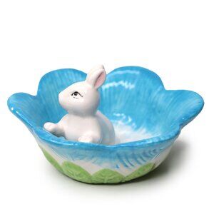 Ceramic Flower Bunny Bowl Trinket Easter Nut Candy Dish Blue Green White